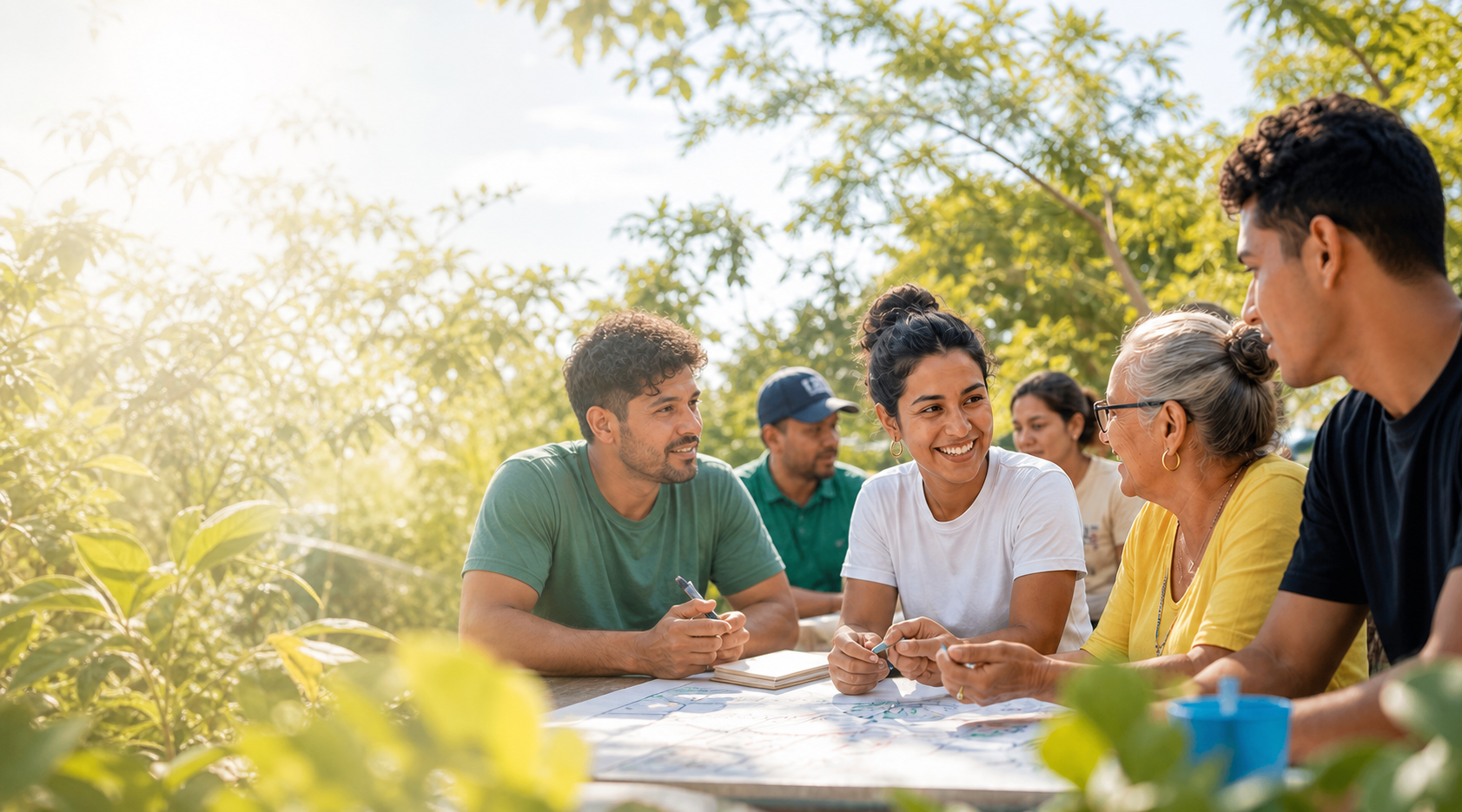 People gathering outdoors around a shared table